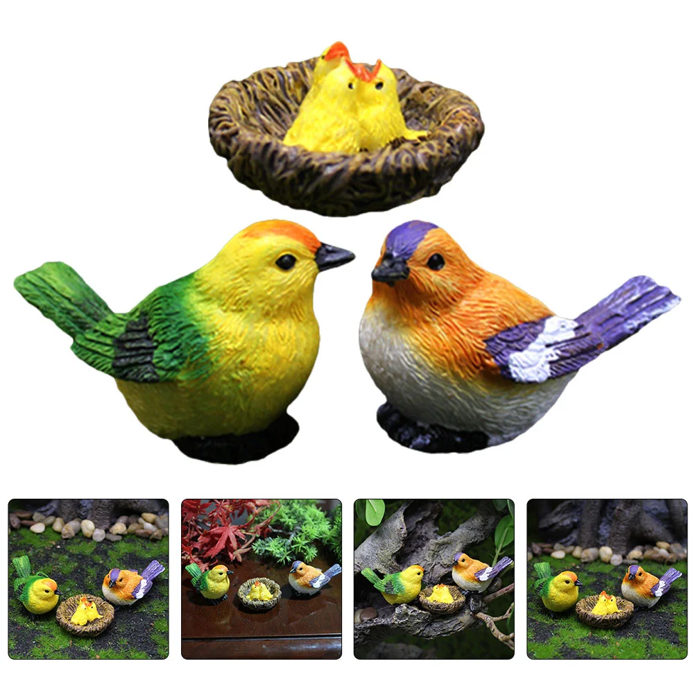 

1 Set of Artificial Fake Birds with Nest Realistic Resin Small Birds Garden Decorative Props