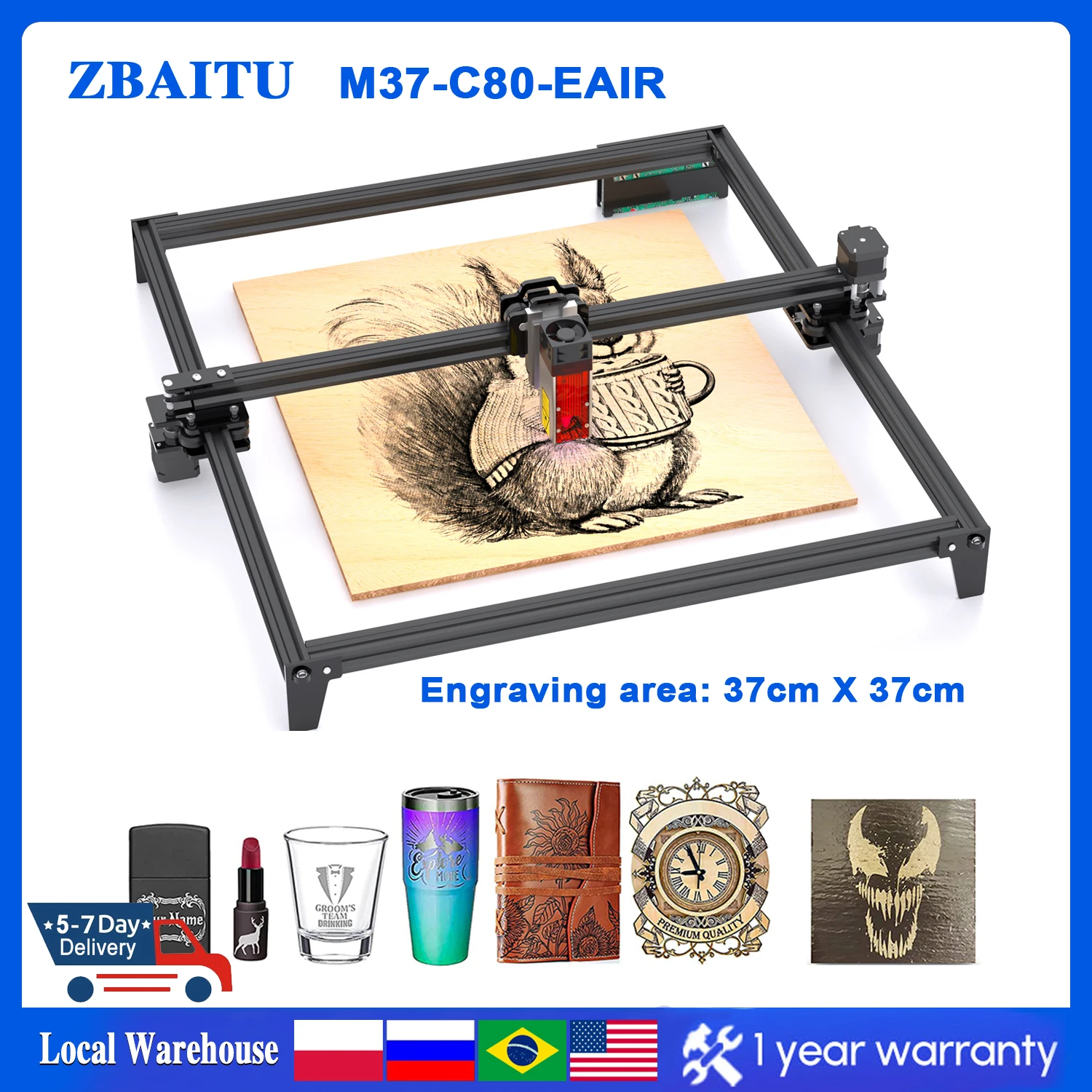 ZBAITU Mini Laser Engraver Woodworking Machine 80W CNC Engraving Mark Printer Cutter Offline WIFI Control with Air Assist Nozzle
