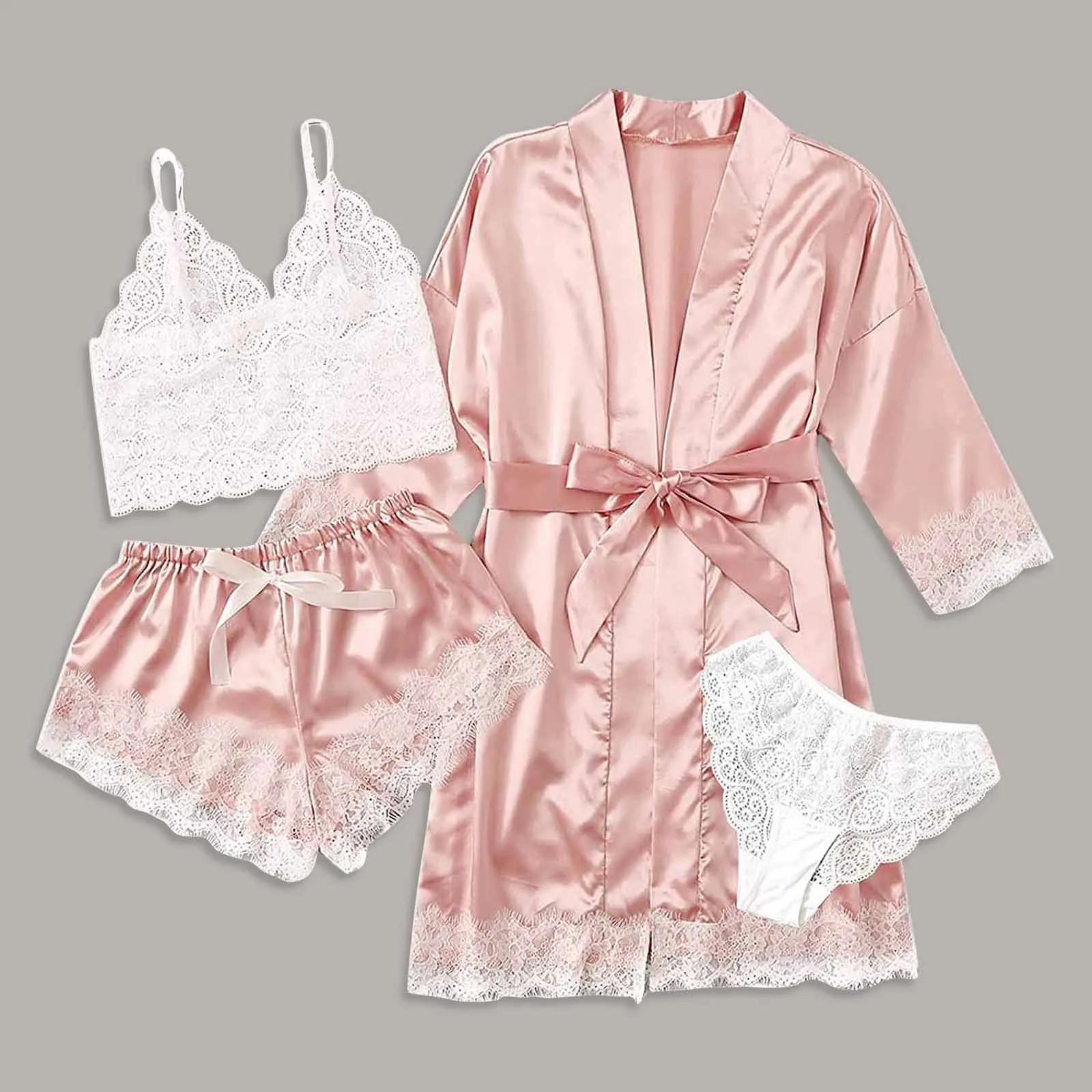 

Pink Sexy V-Neck Silk Pajamas For Women Floral Satin Pajama Set Summer 4PC Pyjamas Women Satin Sleepwear Lingerie Pijama Mujer