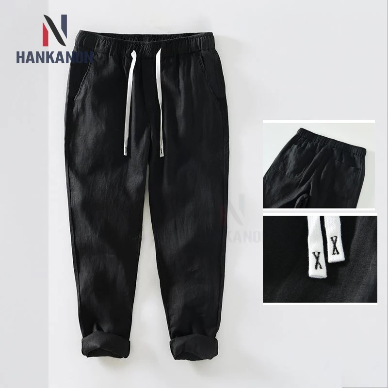 100% лен дышащие штаны на шнуровке Летние Новые однотонные Простые повседневные