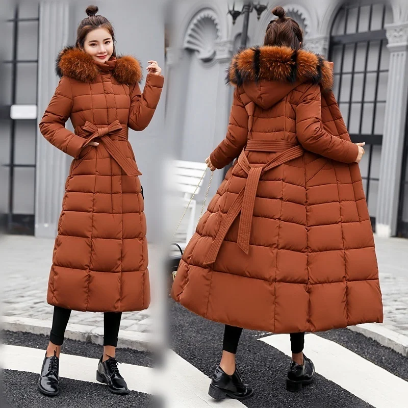 Women's Coat Winter Warm  2022 New Fashion Bow Belt Fox Fur Collar Knee Thickening Warm Coat Long Skirt Women's Thick Coat