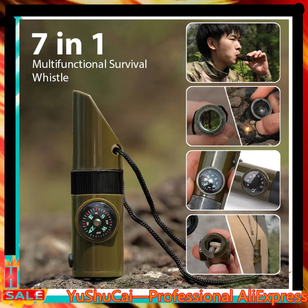 

7 In 1 Outdoor Whistle Compass Thermometer Camping Hiking Accessory Tools Standard Military High Decibel Survival Whistle