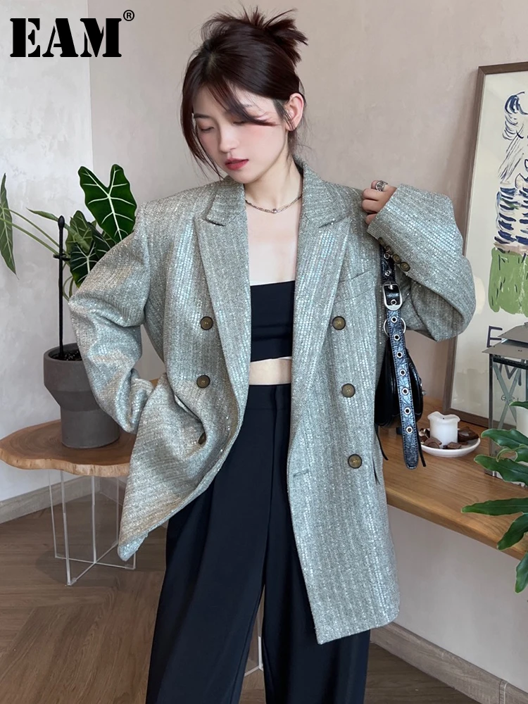 

[EAM] Loose Fit Gray Green Big Size Sequins Jacket New Lapel Long Sleeve Women Coat Fashion Tide Spring Autumn 2022 1DF0540