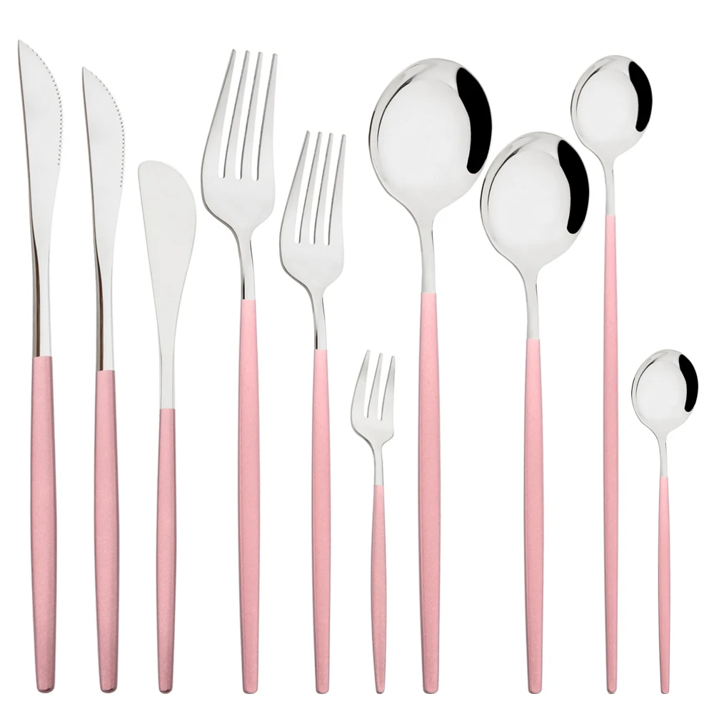 

Набор столовой посуды из розового серебра, 6 зеркальных столовых приборов из нержавеющей стали, нож, вилка, длинная ложка, столовая посуда, н...