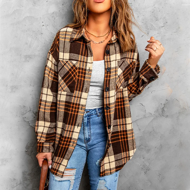 

Куртка женская клетчатая с длинным рукавом, Модный кардиган в стиле оверсайз, пальто в клетку, с пуговицами и карманами, весна-осень