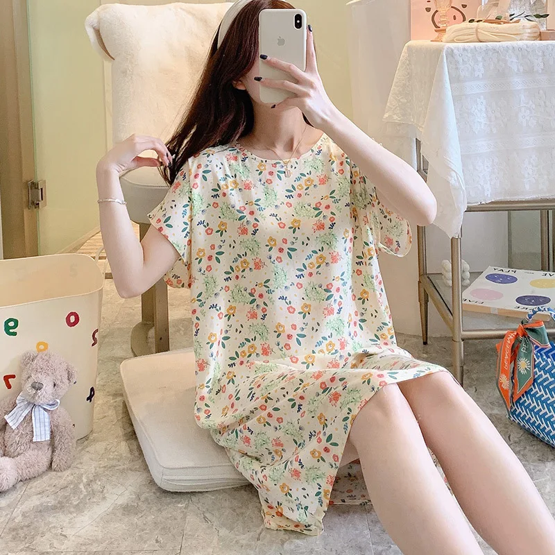 Women's Thin Cotton Nightshirt Short Sleeve Floral Print Round Neck Sleepwear Ladies Nightgown Pajamas Dress Casual Sleepdress