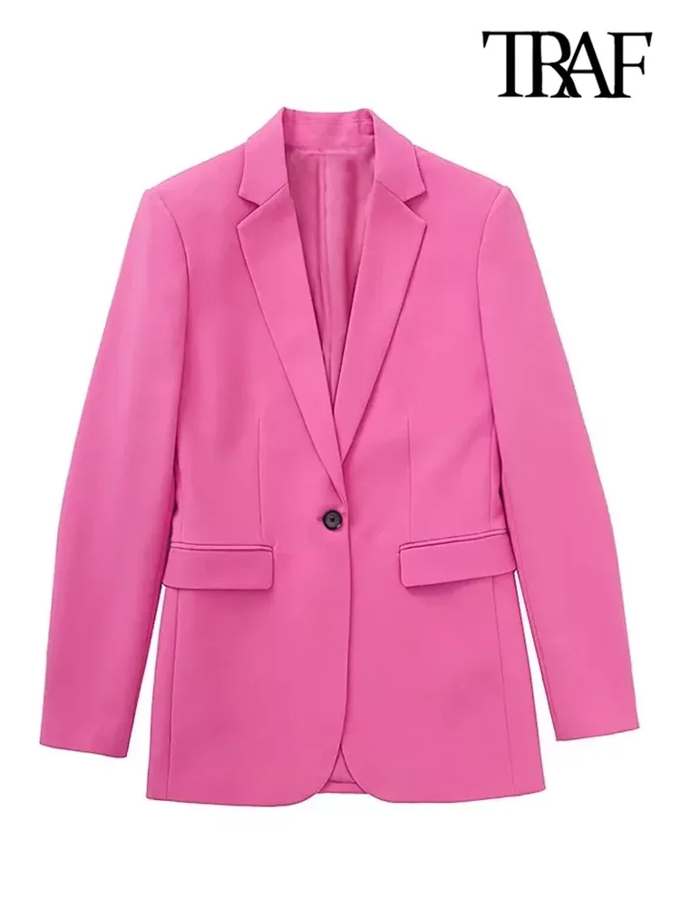 

TRAF Women Fashion Single Button Blazer Coat Vintage Long Sleeve Flap Pockets Female Outerwear Chic Veste Femme