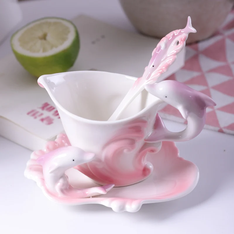 

European Enamel Ceramic Dolphin Cup Saucer Spoon Set Coffee Milk Tea Cup Home Decoration Art Birthday Lover Teacher's Day Gifts