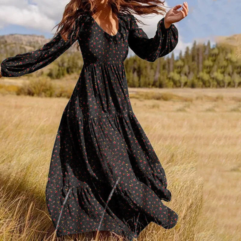

Floral Chiffon Fashion High Quality Maxi Dress Boho Women V-Neck Retro Holiday Leisure Long Sleeved Beach Temperament Lady Robe