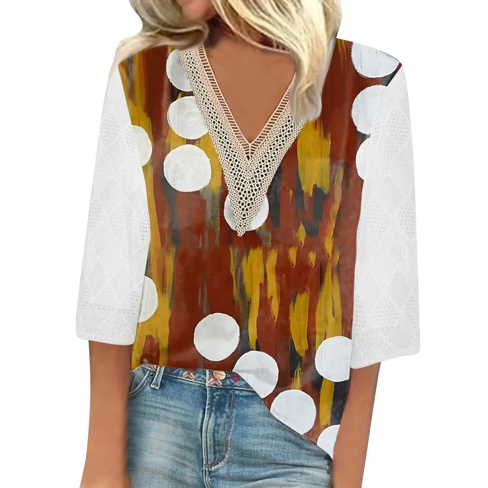 

Women V Neck Sleeve Shirts Print Lace Casual Blouse Loose Work Tunic Tops Fashion Woman Blouse 2023 T Shirt For Women New
