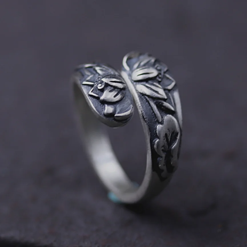 Solid Silver Lotus Engraved Flower Open Ring For Lady Women S990 Sterling SIlver Lotus Flower Open Ring  Jewelry Gift