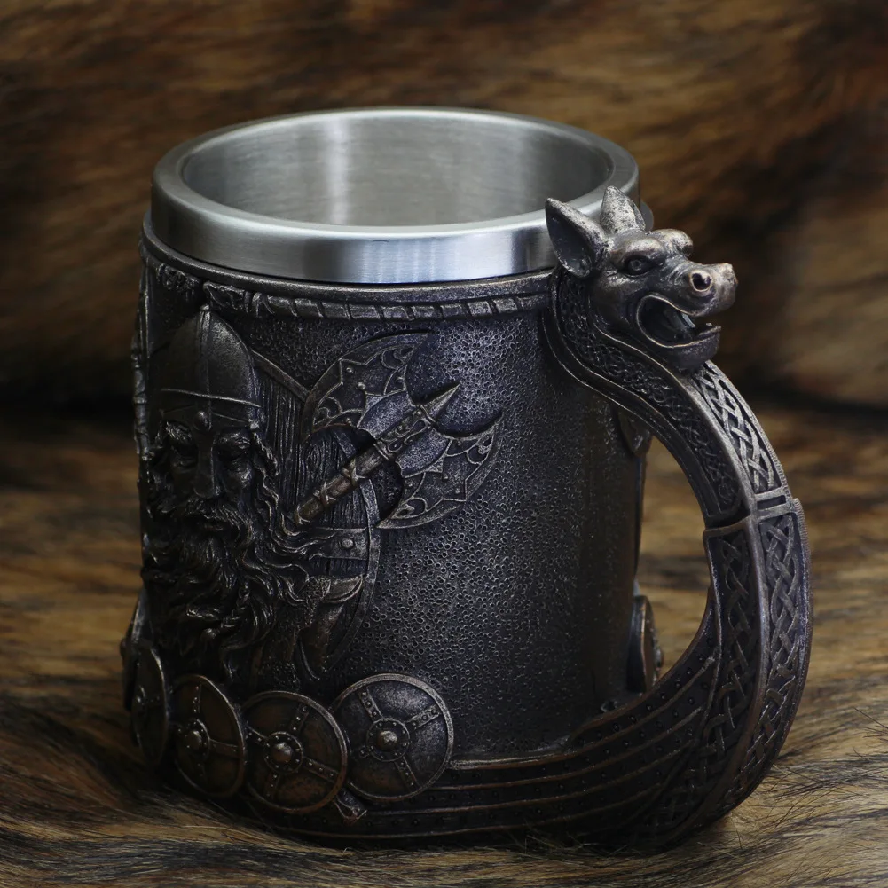 

600ml Viking Wood Style Beer Mug Medieval Dragon Resin Stainless Steel Beer Mug Retro Tankard Skull Coffee Cup Tea Mug Beer Cup