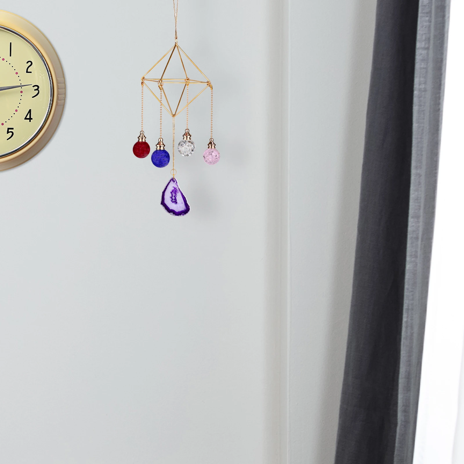 TUMBEELLUWA Handmand Geometric Stand Wind Chimes Natural Agate Slices  Color Glass Ball Hanging Ornaments For Home Room Decor