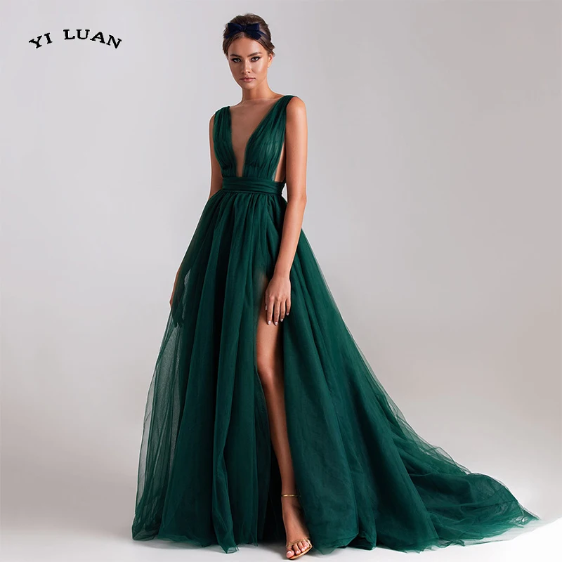 Купи Sexy Green Deep V-Neck Prom Dresses Sleeveless High Slit A-Line Evening Dresses Cutaway Sides Pleated Long Tulle Party Dresses за 4,268 рублей в магазине AliExpress