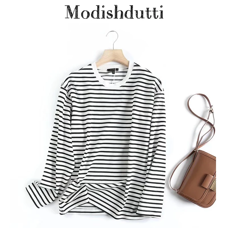 

Modishdutti High Quality 2022 Spring Autumn Fashion Stripe Long Sleeve T-Shirt Tops Women Casual Wild bottoming Tees Female