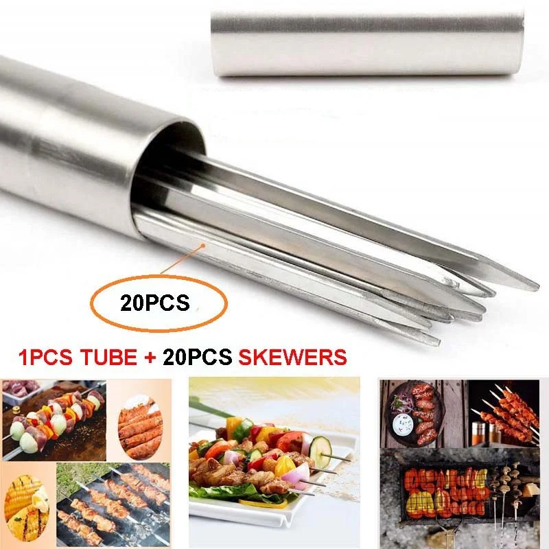 20 PCS Stainless Steel Kabob Skewers 16" Heavy Duty Grilling Skewer Long Resuable Non-stick BBQ Sticks for charcoal with Tube