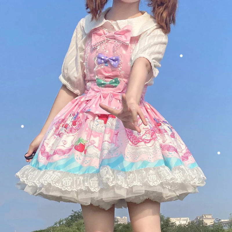 

Милое японское платье Jsk Lolita, женское винтажное платье без рукавов в викторианском, готическом стиле, с бантом, кружевное платье принцессы д...