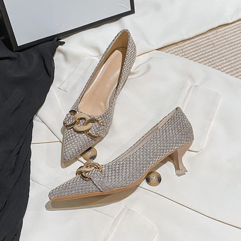 Large Size 34-43 Metal Chain Weave Pumps Woman Mary Janes Knitted Talon Femme Pointed Toe Thin High Heels Shoes for Women 2022