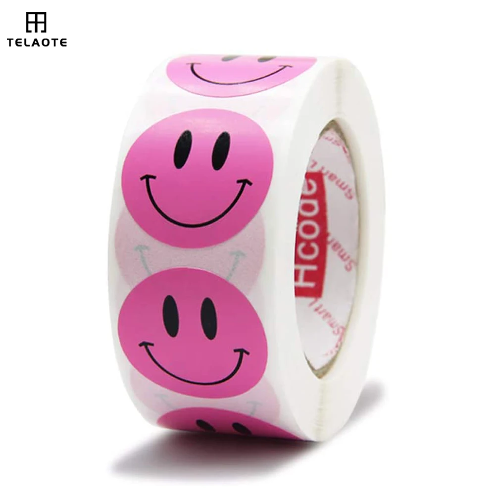 

100-1000pcs Pink Laptop Phone Stickers Smiling Face Portrait Sticker Toys for Children Kids Reward Motivational Teacher Stickers