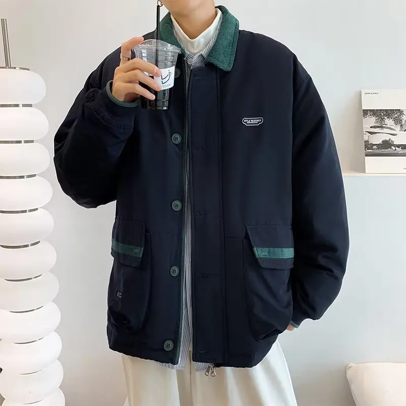 LUCLESAM Men's Contrast Color Lapel Coat Thicked Padded Jacket Autumn Winter New Retro Trend Loose All-match Man Cotton Jackets