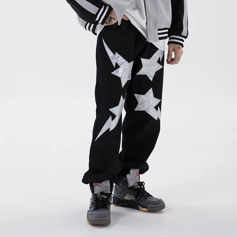 High Street Stars Letter Embroidery Denim Pants Mens and Womens Washed Retro Straight Jeans Hip Hop Casual Trousers