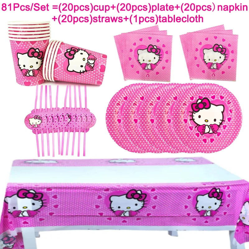 

Girl's Favors Pink Hello Cats Theme Happy Birthday Decoration Disposable Plates Straws Cus Tableware Baby Shower Party Supplies