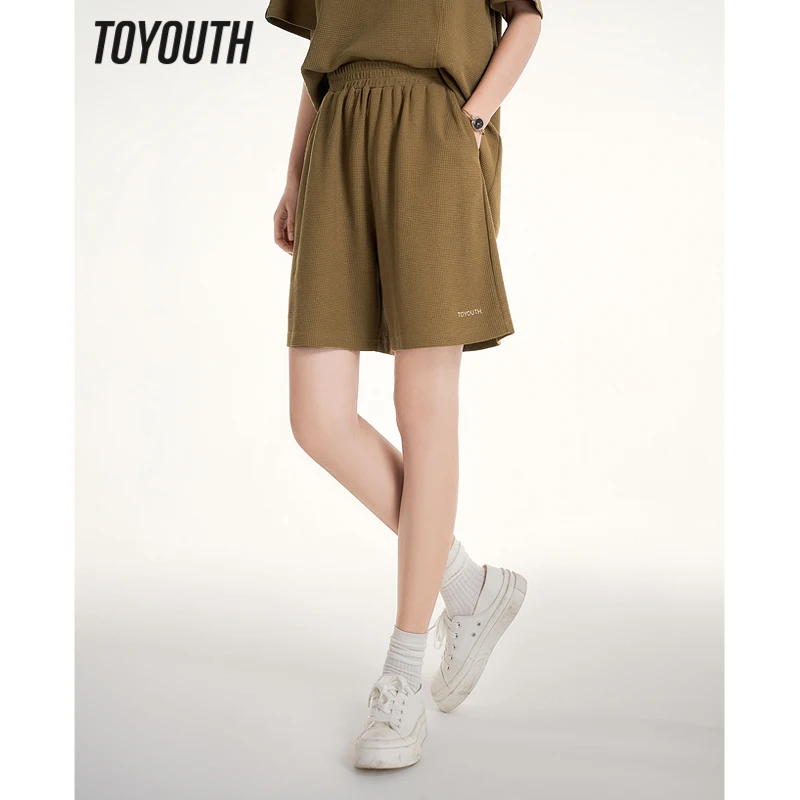 

Toyouth Women Casual Shorts 2023 Summer Elastic Waist Straight Loose Pants Waffle Fabric Embroidery Casual Olive Green Trousers