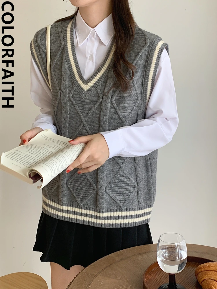 

Colorfaith Новинка 2022 шикарный корейский модный элегантный жилет вязаный винтажный негабаритный женский осенне-зимний свитер жилеты SWV3530JX