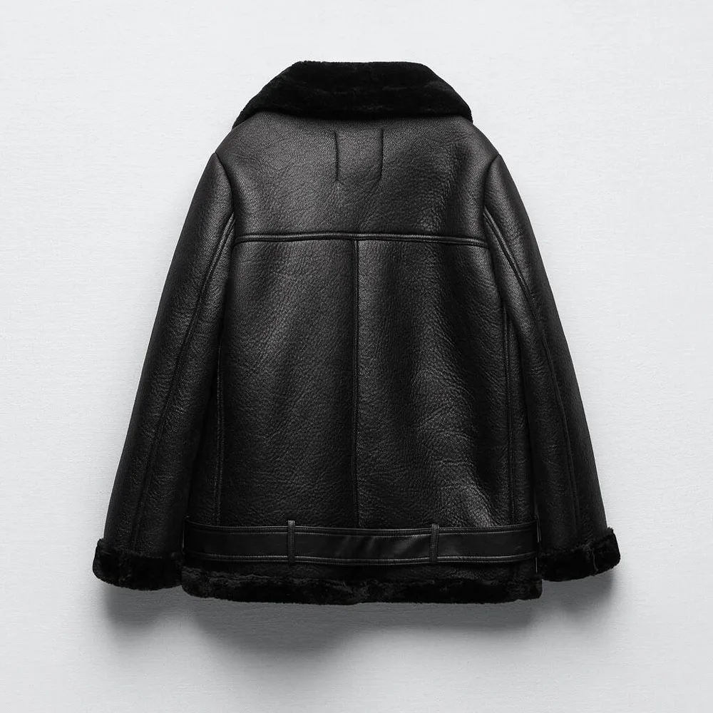 Autumn and winter fashion new women's temperament handsome versatile lapel long sleeve black double-sided jacket coat