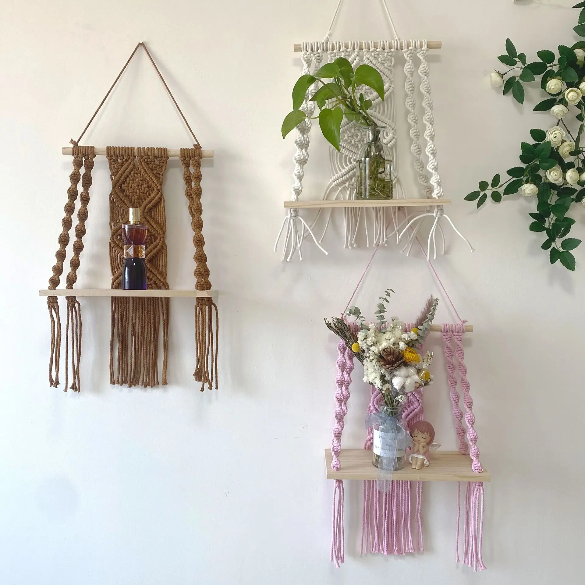 

Скандинавский гобелен ручной работы, богемное настенное украшение, деревянная полка для хранения, настенное украшение