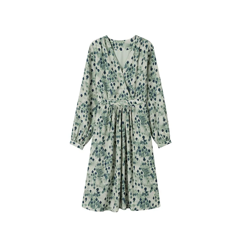 

V-Neck Long-Sleeved Floral Dress Ladies Spring And Autumn New French Retro Mid-Length Dress With Waist And Slim Temperament