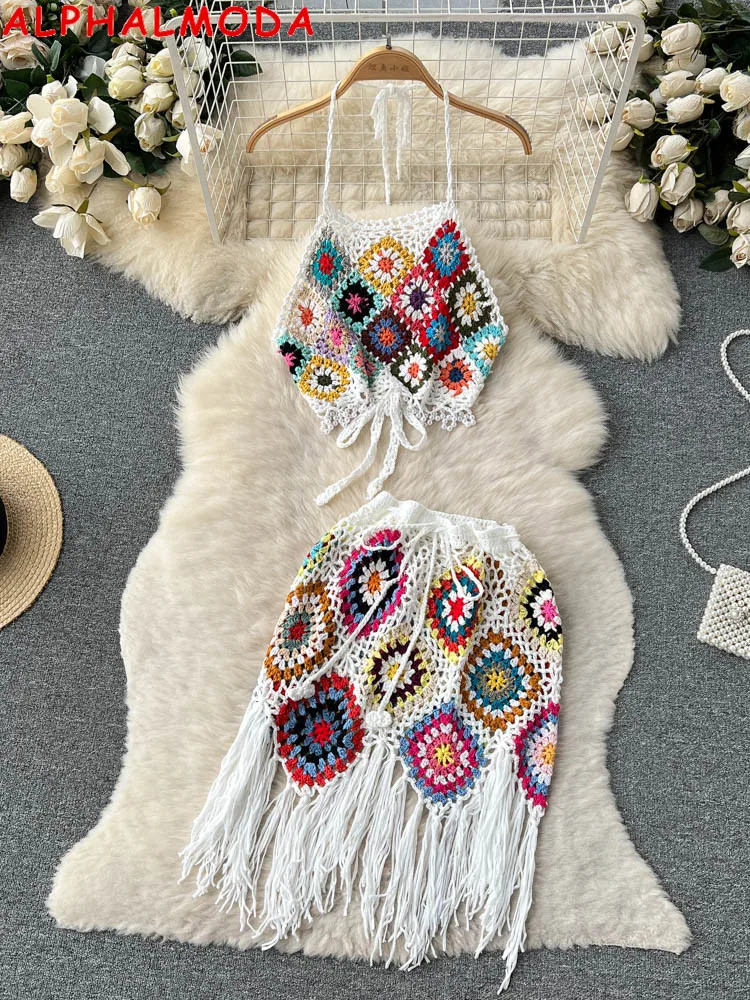 ALPHALMODA 2023 Summer Pearl Trim Crotched Pattern Crop Suspender Vest + Tasse Mini Skirt Women Beach Holiday 2pcs Suits