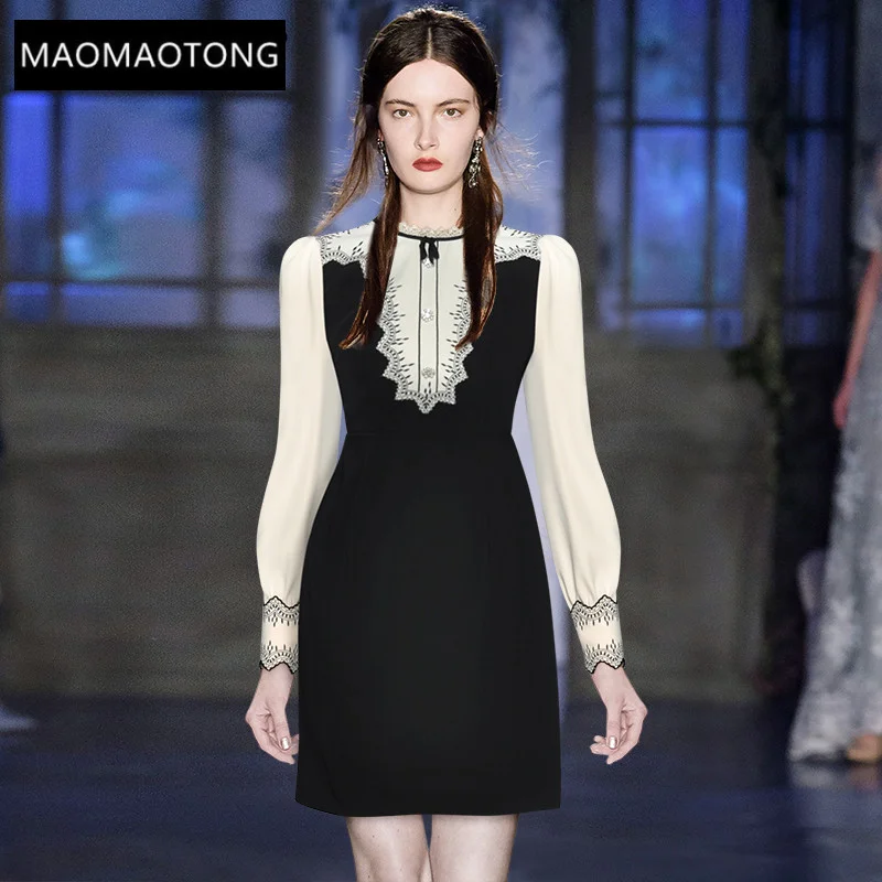 

Fashion Runway dress Spring Women's Dress Lantern Sleeve Beading Splicing embroidery Black Dress
