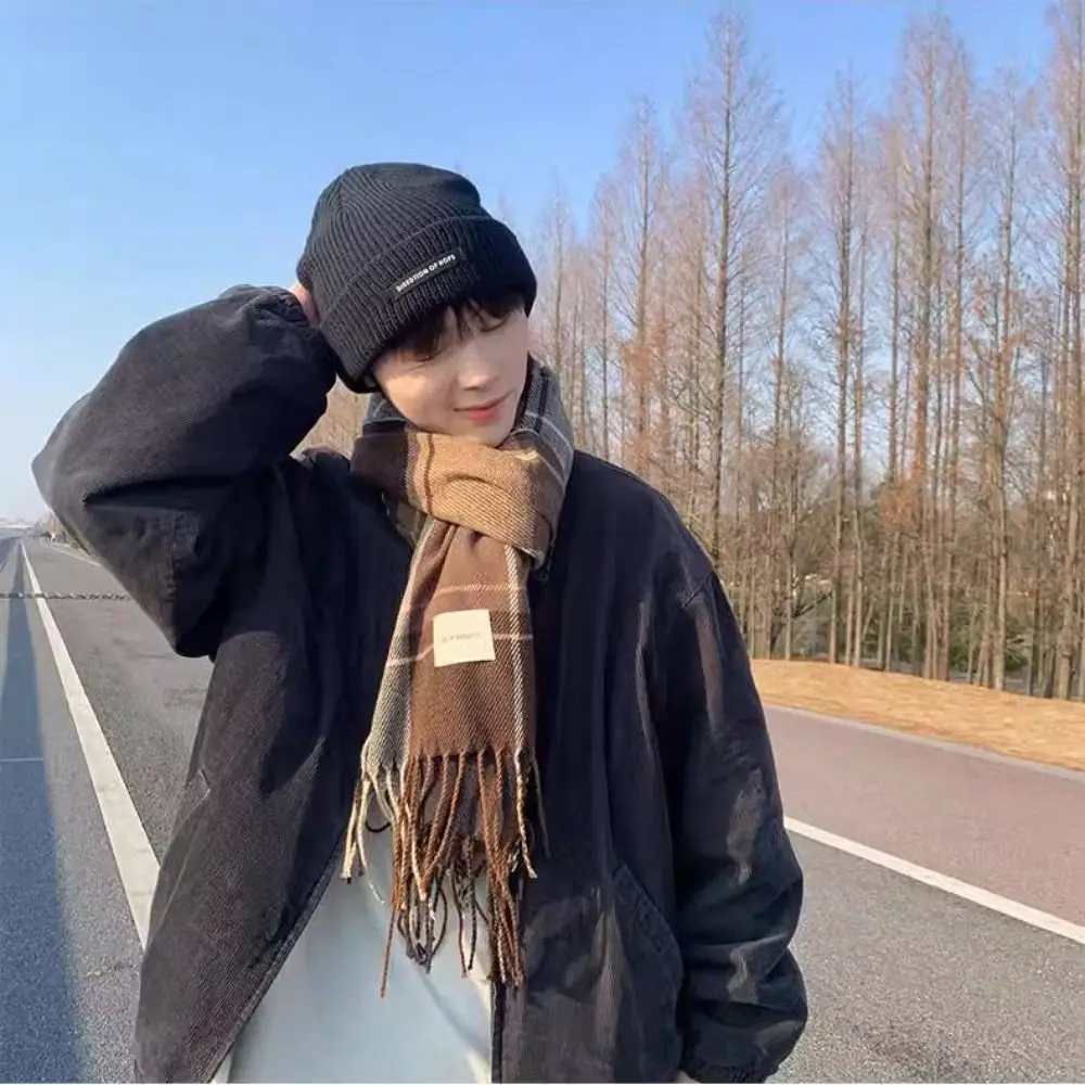 Ветрозащитный клетчатый шерстяной шарф с кисточками плюшевая кашемировая шаль