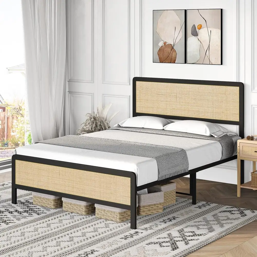 

Full Queen Size Metal Bed Frame with Rattan Headboard Footboard Platform Bed Frame Safe Rounded Corners No Box Spring Needed