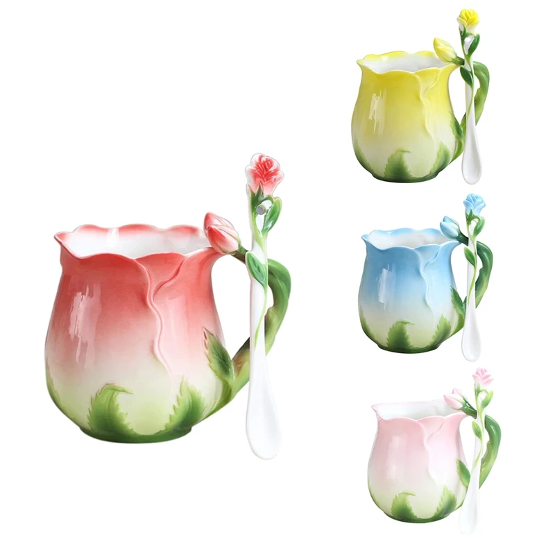

Эмалированная керамическая кофейная кружка в европейском стиле, креативные чашки 3D в форме розы и цветов, чашки для завтрака и молока с ложк...