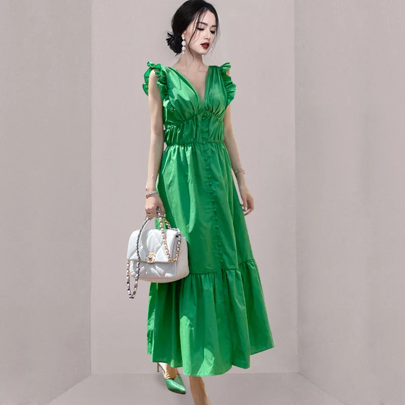 

2022 Summer New Sweet Temperament V-neck Ruffled High-waisted Slim Single-breasted Long Fishtail Dress