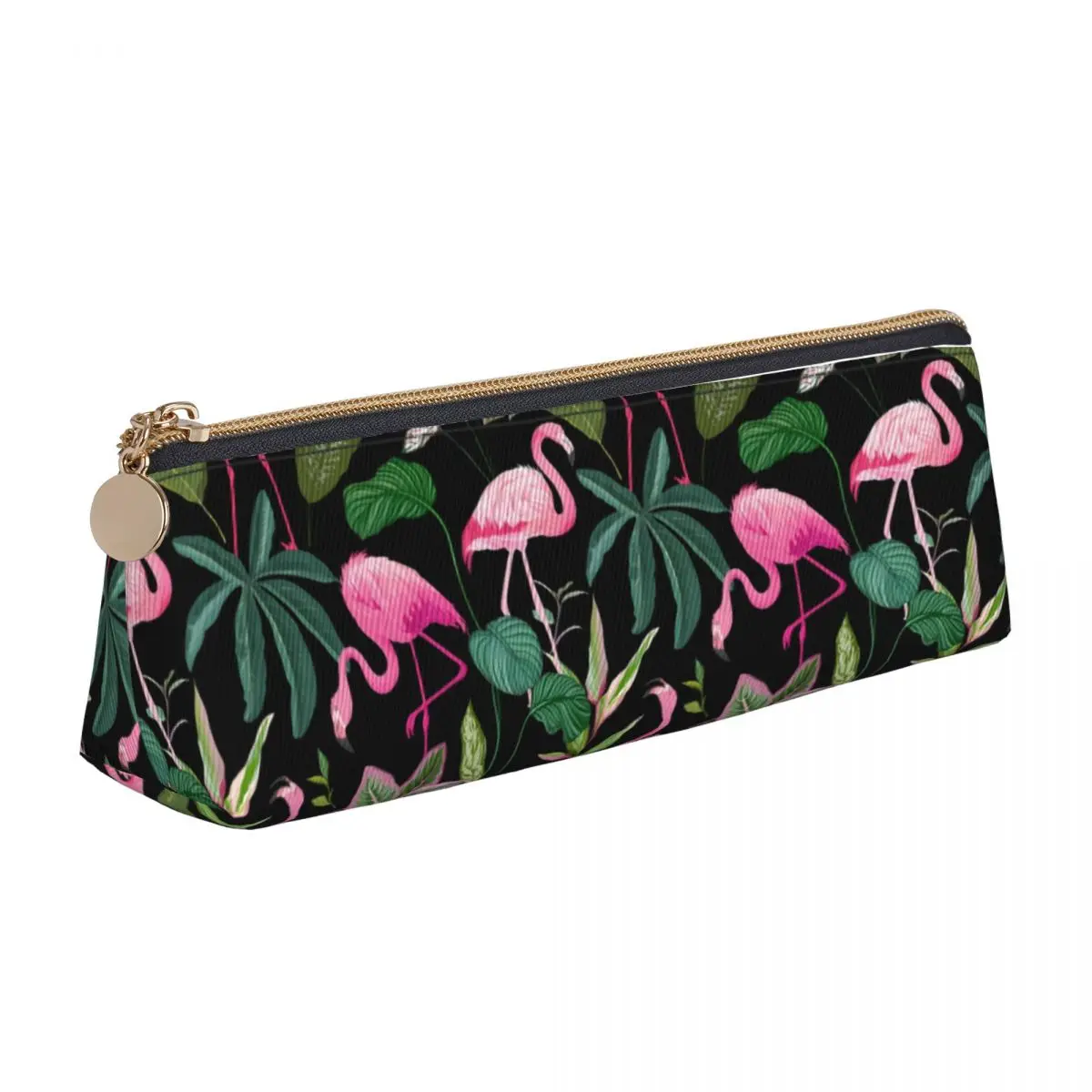 

Tropical Birds Leather Pencil Case Pink Flamingo Print College Teens Zipper Pencil Box Cool Big Triangle Pen Pouch