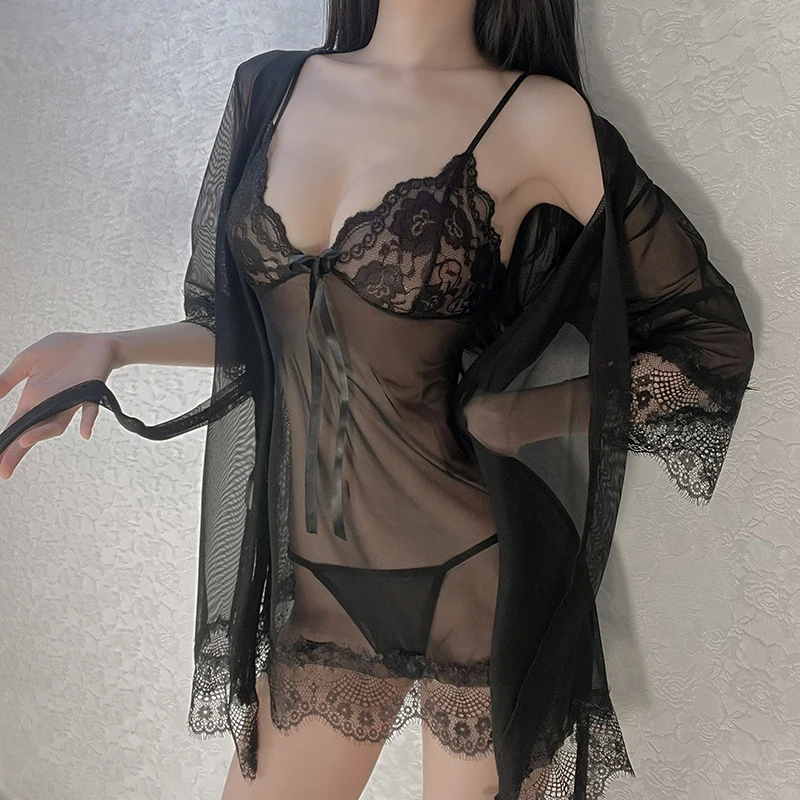 

2023 Night Wears for Women Sexy Sleepwear Set Mesh Perspective Temptation Deep V Sling Nightdress Lace Robe Home Clothes Suit