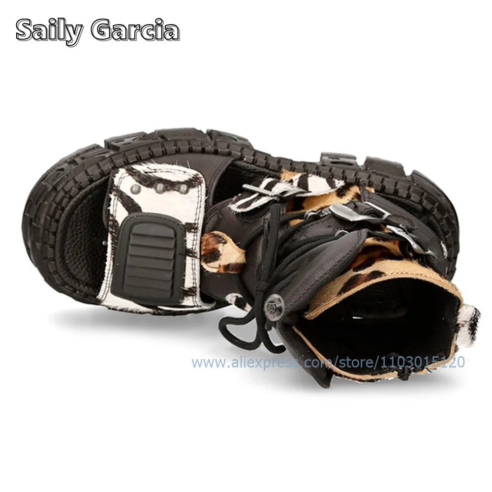 Сандалии Leopord до середины икры на толстой подошве ботинки с открытым носком