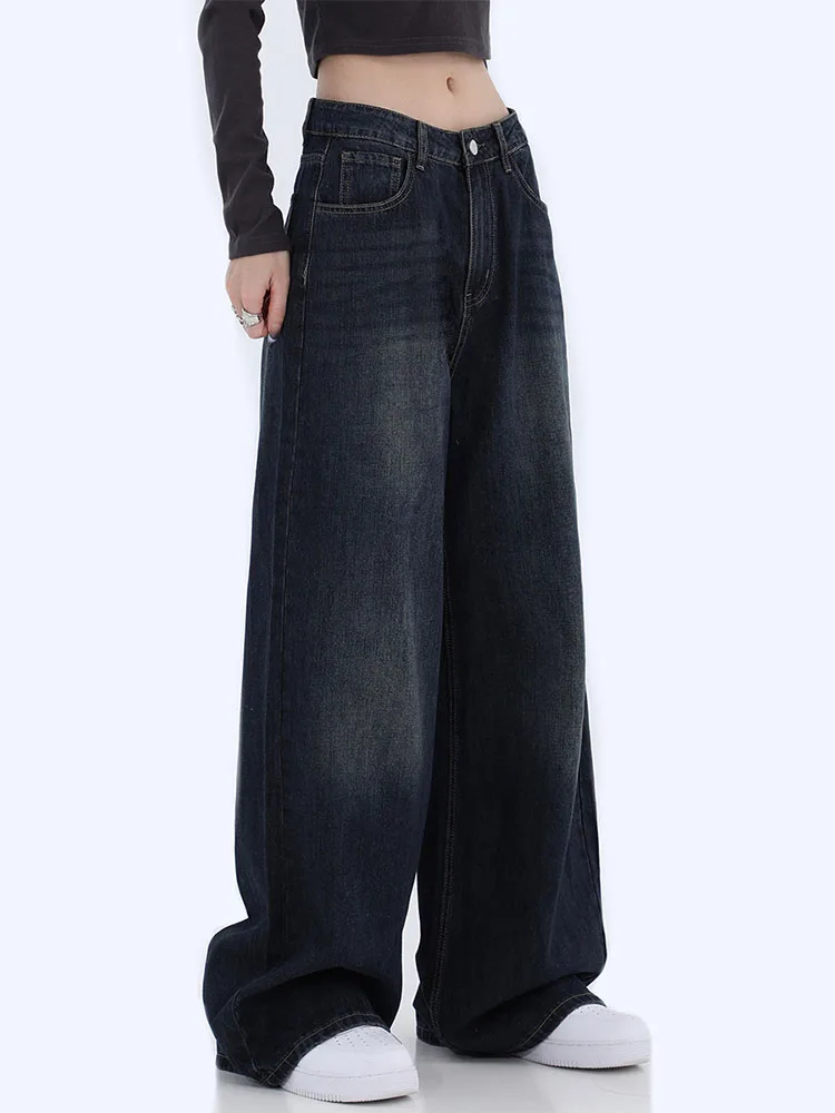 

2022 Autumn Winter Women High Waist Vintage Navy Blue Color Jean Trousers Harajuku Loose Wide Leg Lady Denim Pants Streetwear