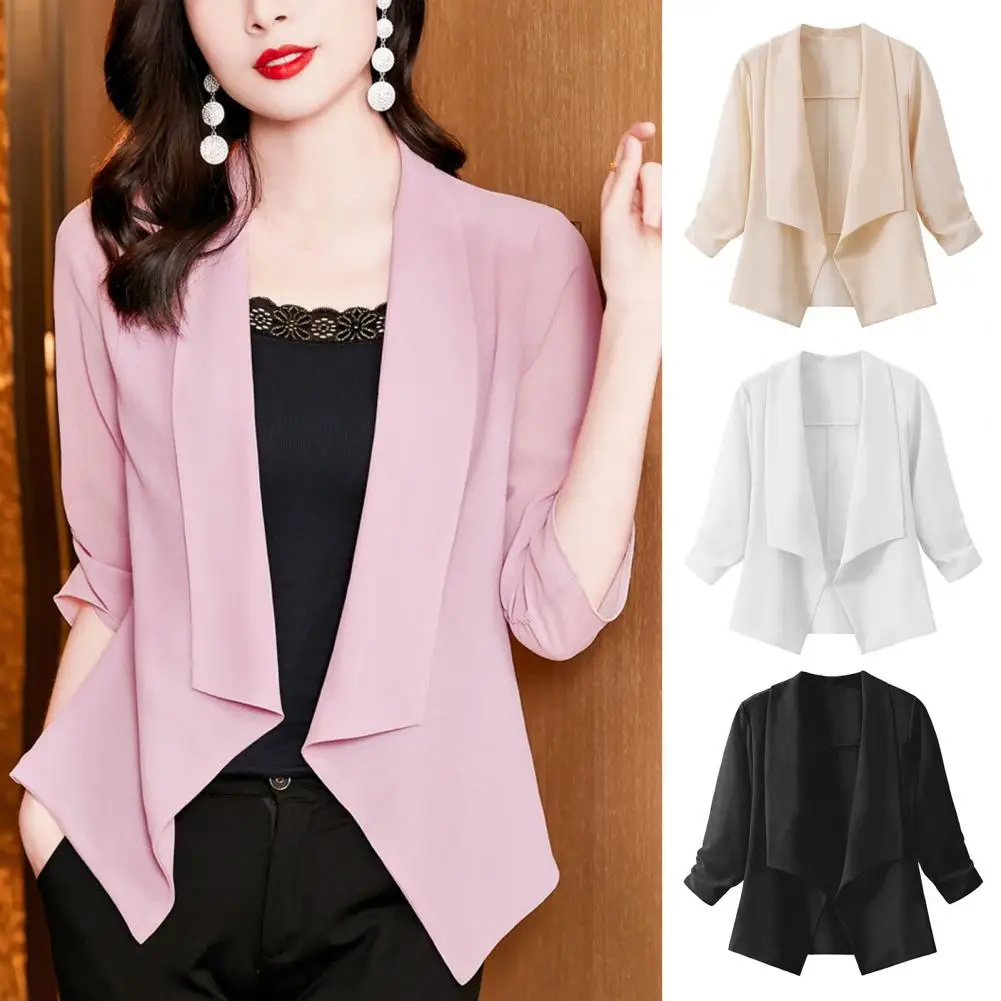 

Lady Thin Jacket Chic Women's Open Stitch Lapel Elegant Business Ol Commute Style Solid Color Loose Fit Three Quarter Sleeve