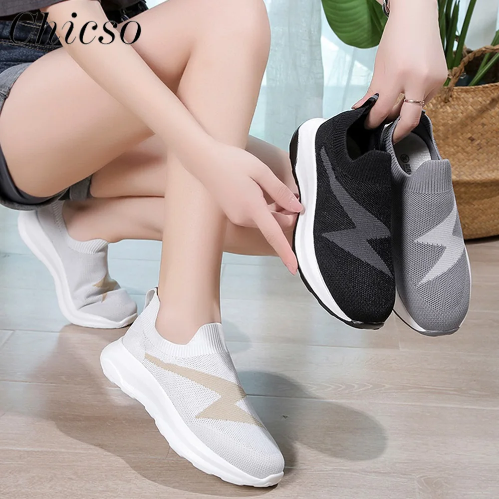 

Women's Running Shoes 2022 Autumn New Patchwork Knitted Fabric Slip On Comfy Loafers 35-43 Outdoor Walking Sport Flats Sneakers