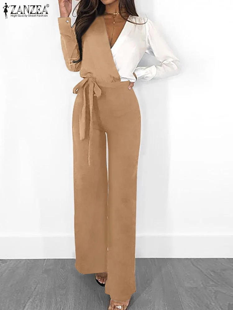 

Fashion Oversized Patchwork Jumpsuits ZANZEA Women 2022 OL Belted Long Sleeve Maxi Overalls Casual Solid Loose V Neck Rompers