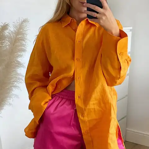 BBWM 2022 Новая женская летняя рубашка оверсайз Оранжевая женская универсальная однобортная свободная льняная блузка с длинным рукавом