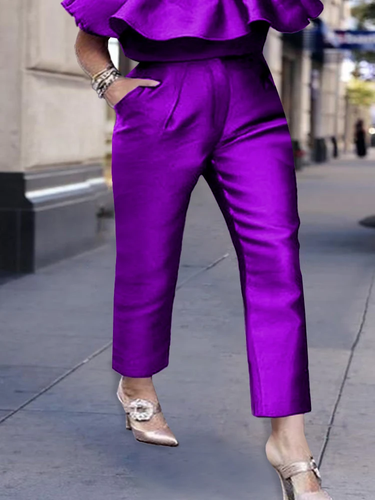 Plus Size 4XL Purple Pants High Elastic Waist  Zipper Fly Women Office Work Party Ankle Length Pencil Capris for Ladies Summer