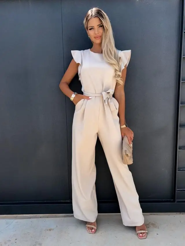 2022 Autumn Office Women's Jumpsuit Rompers O-neck High Waist Butterfly Sleeve Lace Up Suits Female Fashion Elegant Lady Clothes