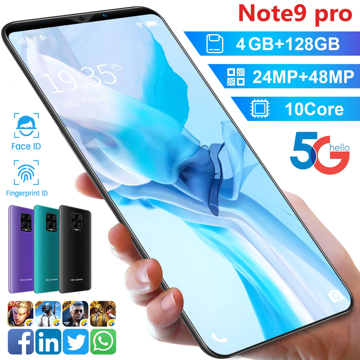 

Note 9 Pro Global Version Smartphone Android 10.0 Mobile Phones 4GB 64GB Phone 5.5 Inch 4G 5G Dual Card Cell Phone Smart Phone