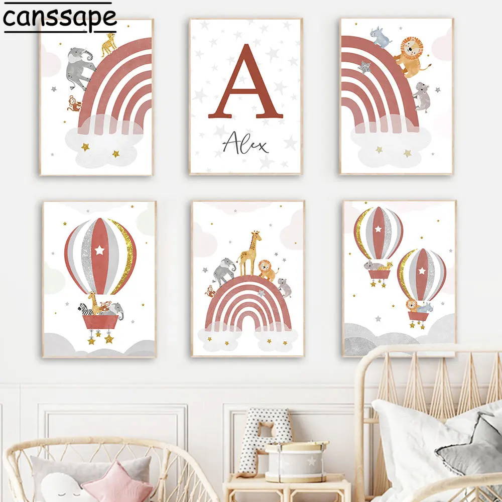 Настенный плакат на холсте с именем на заказ, радужные настенные картины, настенный художественный плакат с изображением Льва, слона, Детские плакаты, декор детской комнаты