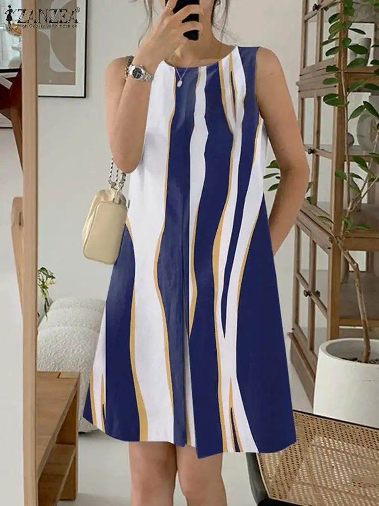 Женское летнее короткое платье-футляр ZANZEA 2024 без рукавов с круглым вырезом